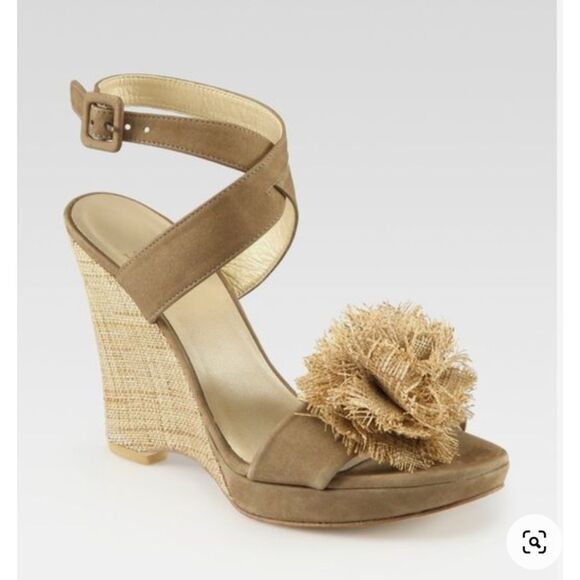 Stuart Weitzman Belflor Espadrille Wedge Sandals Ankle Strap 10M Tan Vacation - Picture 1 of 13